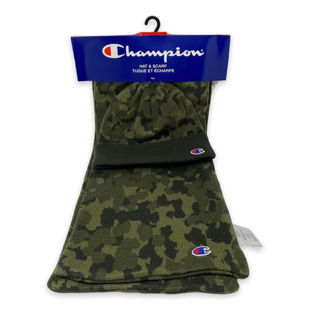 Champion Camouflage Camo Olive Knit Matching Hat and Scarf Set - BRAND NEW